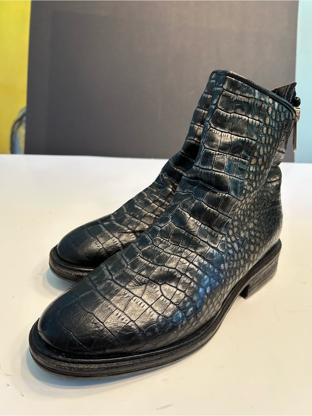 AS98 Women’s Black Croc-Embossed Leather Ankle Boots